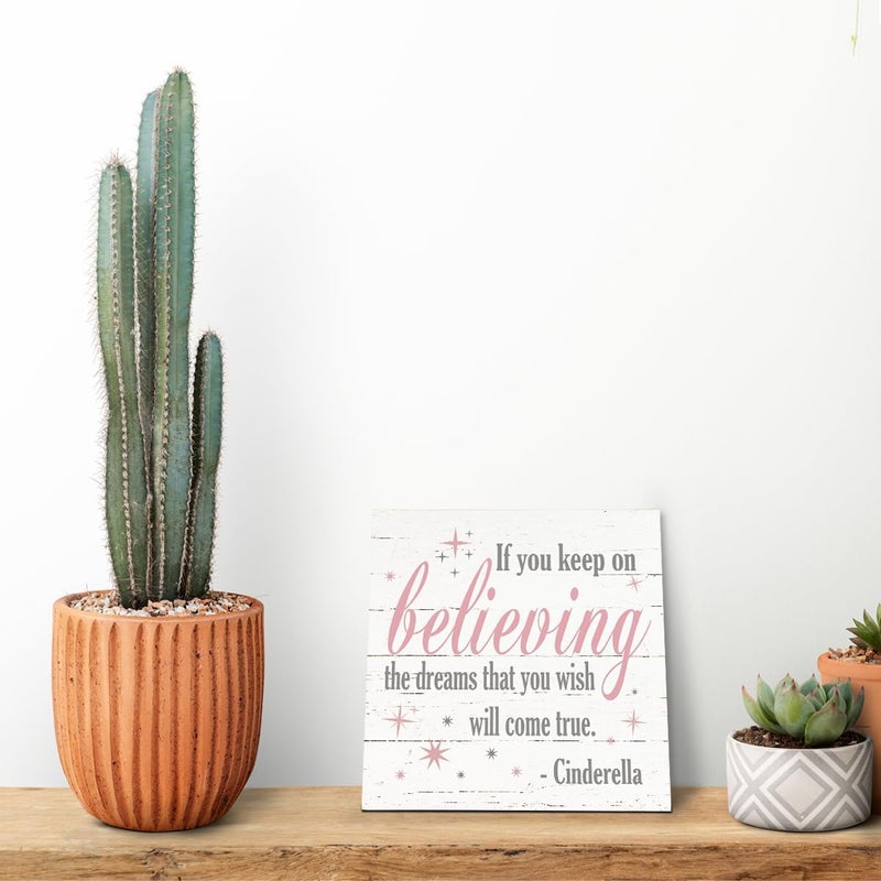 SUSZDOU Nursery Decor, Inspirational Sign, Wood Plaque Table Art Sign 6.2*6.2inch, Princess Shelf Decor, Bedroom Decorate for Baby Girl, Cute Decorate, If You Keep On Believing The Dreams You Wish Will Come True B - Image 5